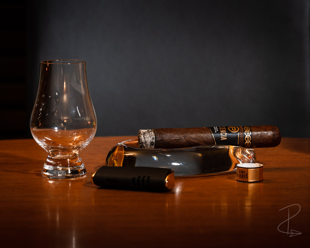 The Plasencia Alma Fuente Sixto II with whisky sniffer glass waiting to be filled - one of my perfect celebratory cigars