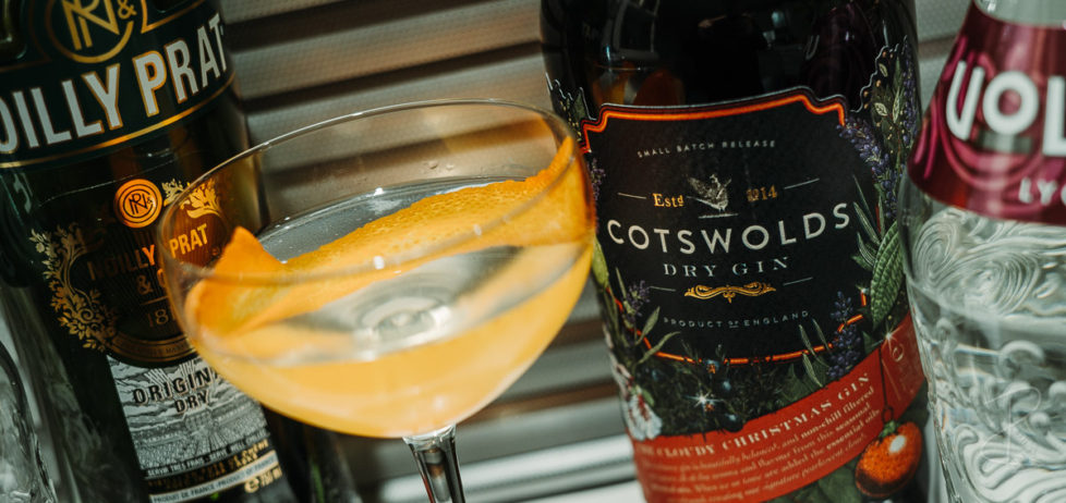 The China Martini cocktail in a coupette glass, pictured with Cotswolds Dry Gin